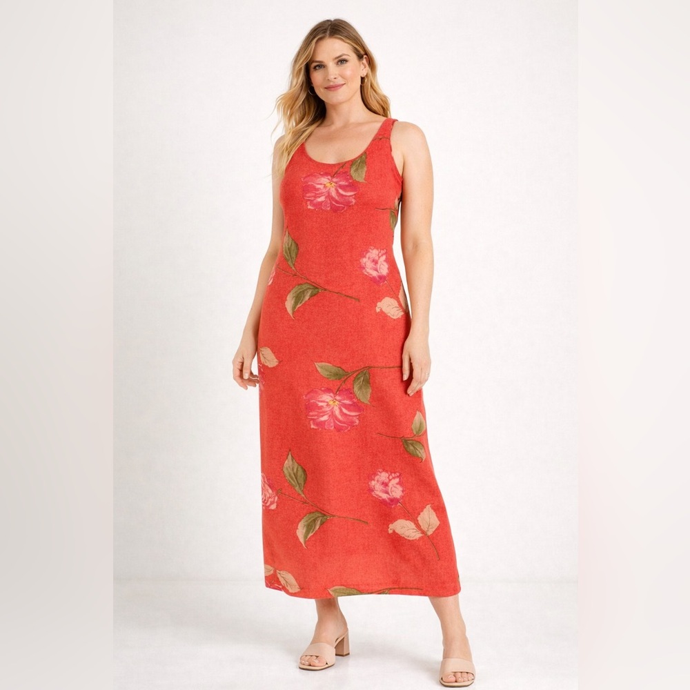 Garnet Hill Linen Coral Floral Maxi Dress Size M Sleeveless Coral Color Lined